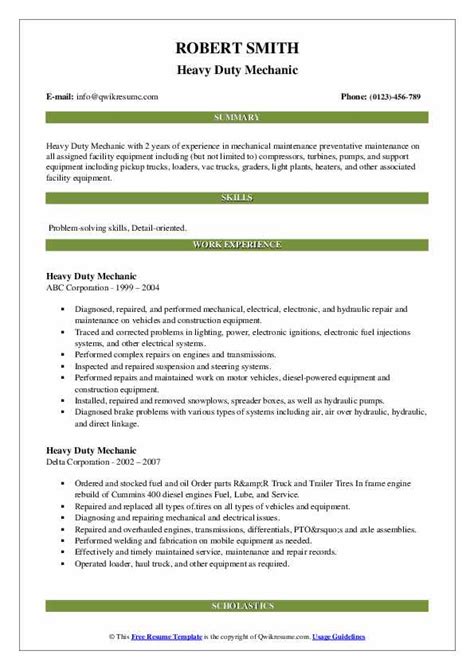 Heavy Duty Mechanic Resume Samples | QwikResume