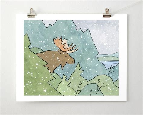 Winter Moose Art Print Nature Illustration, Cute Illustration, Snow Art, 11x14 Print, India Ink ...