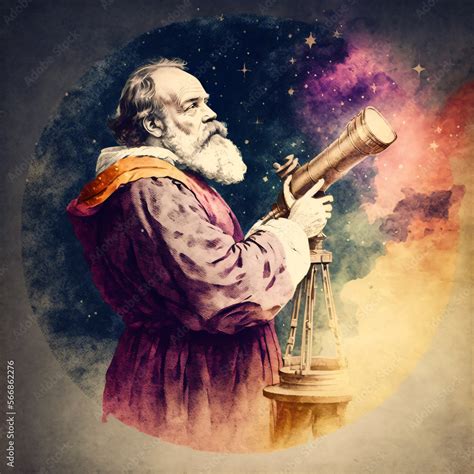 Galileo Galilei looking at the stars with a telescope watercolor ...