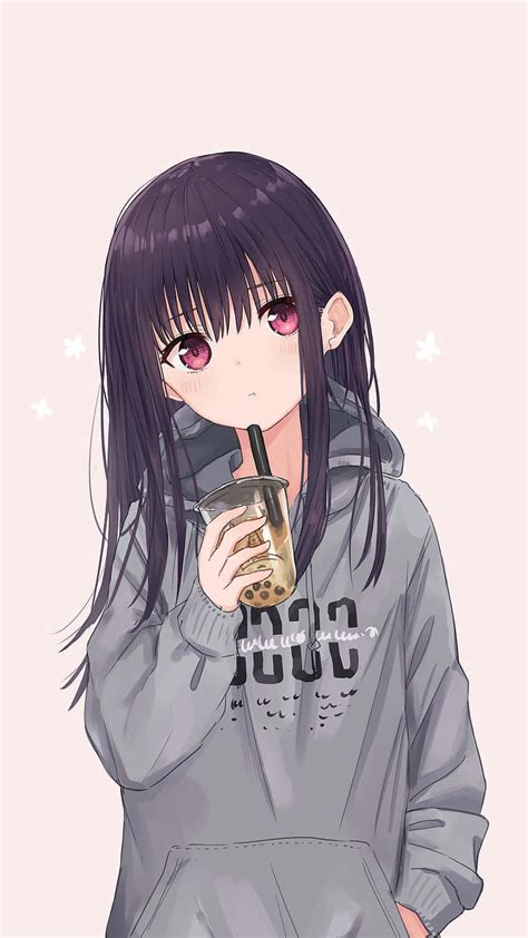 Download Anime Girl With Hoodie And Boba Tea Picture | Wallpapers.com