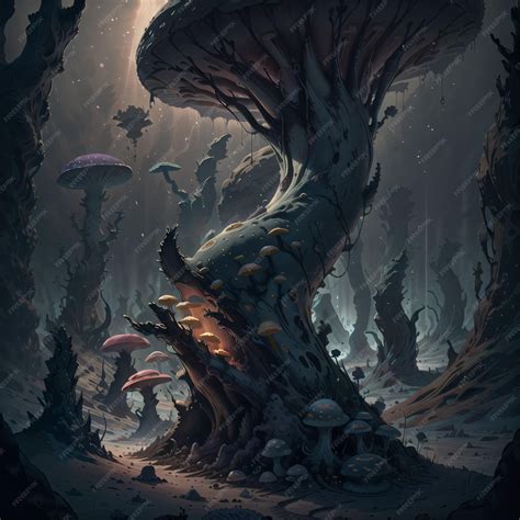 Premium AI Image | A digital painting of a forest with a mushroom on it.