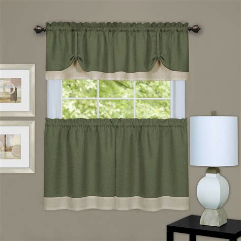 Shabby Farmhouse Flax Linen Kitchen Curtain Tier & Valance Set - Sage Green, 36 in. Long ...