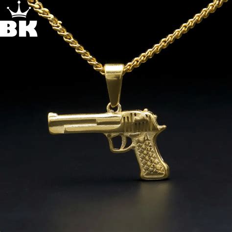 2018 Hiphop Gold Color Gun Pendant Necklace Stainless Steel Pistol Gun Charm Necklace Fine ...