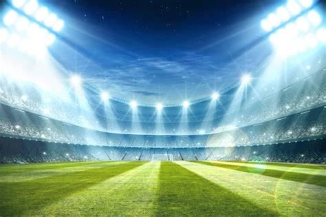 Luces en la noche y el estadio de fútbol 3d rendering | Foto Premium