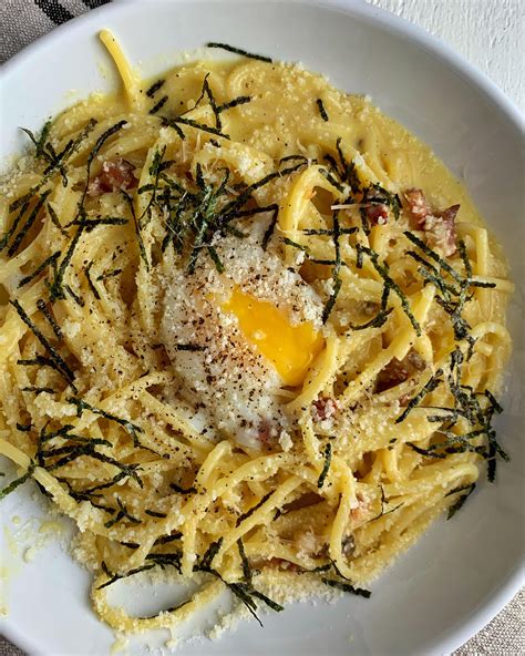 Spaghetti Carbonara with Bonito Flakes and Egg Yolk Recipe | The Feedfeed