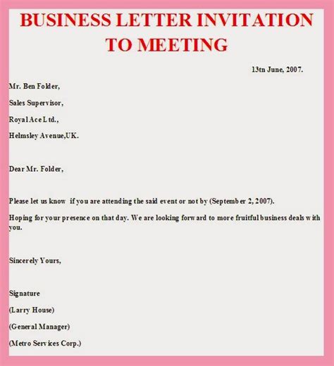 Sample Business Letter Invitation To A Meeting | Sample Business Letter