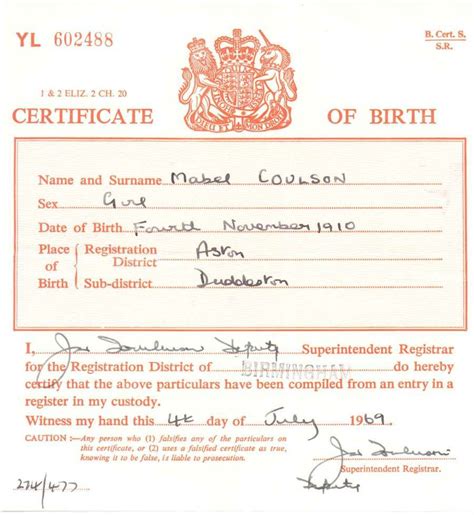 Birth Certificate, district registrar, short form, 1910 - Mabel Coulson ...