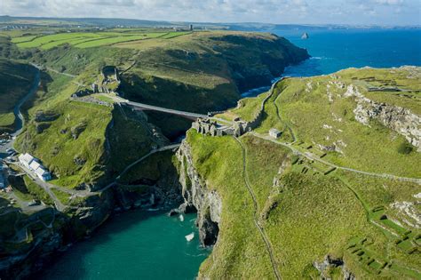 Tintagel Castle Bridge in Cornwall has a gap where it meets in the middle Cornwall Castle, North ...