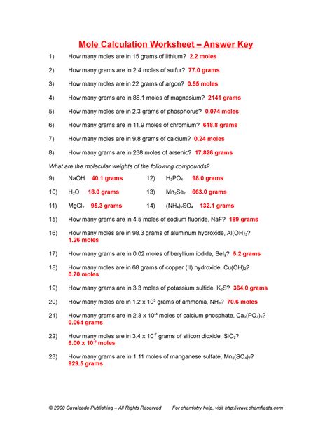 Mole Mole Calculations Worksheet