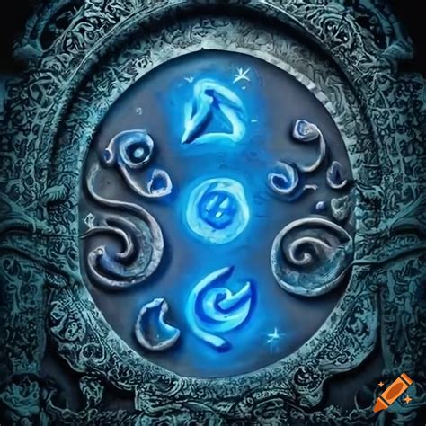 Enchanted gray stone tablet with blue ancient runic symbols in a fantasy art style on Craiyon