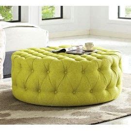 Chartreuse Yellow Fabric All Over Button Tufted Round Ottoman Coffee Table | Round tufted ...