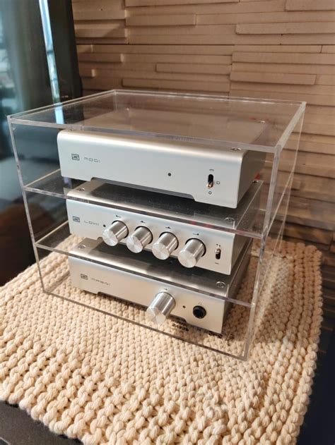 Schiit stack. Made with an IKEA acrylic stationary rack, just drilled holes in the back for the ...