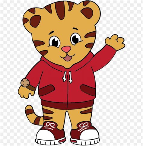 a cartoon tiger wearing a red hoodie and sneakers, with one hand in the air