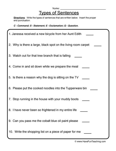 Types of Sentences Worksheet by Teach Simple