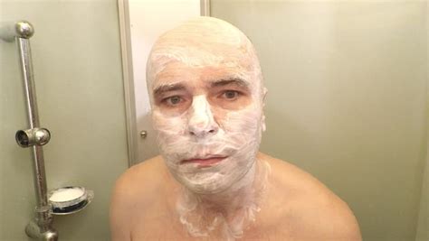 Bald Man Making Funny Grimace With Shampoo On His Face. Hygiene, Humor And Male Beauty. Stock ...