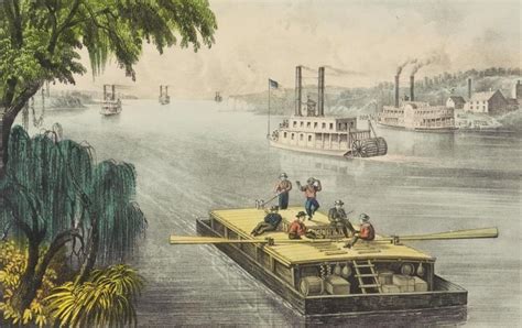 “Bound Down the River,” an 1870 lithograph by Currier & Ives depicts a flatboat on the ...