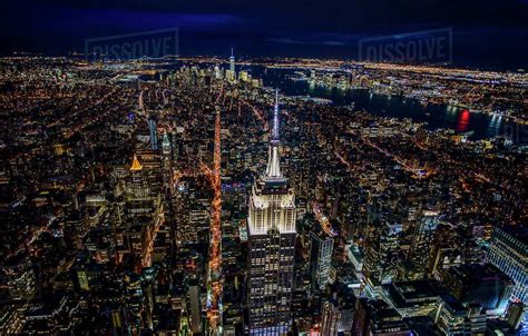 USA, New York, New York City, Manhattan, Aerial view of illuminated ...