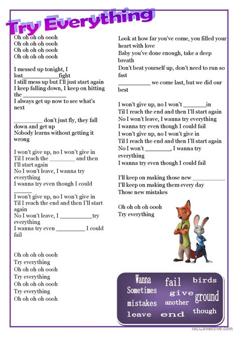 Try Everything Zootopia song and nur…: English ESL worksheets pdf & doc