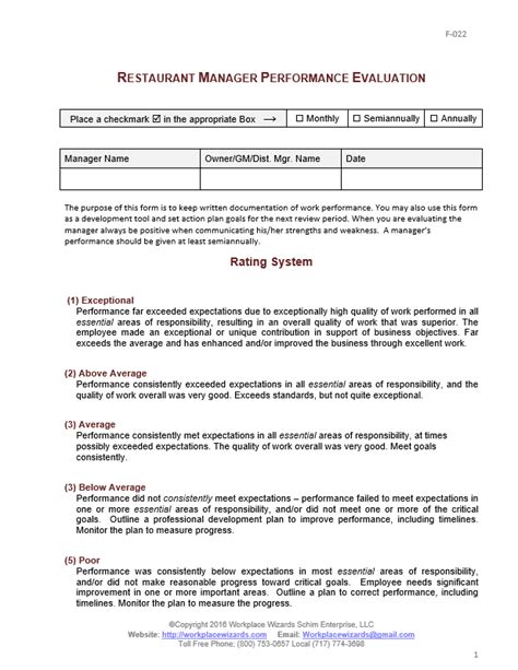 Restaurant Manager Performance Evaluation Form - Workplace Wizards