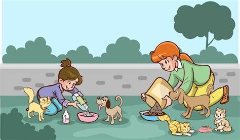 Premium Vector | Mother and kids feeding stray animals cartoon vector