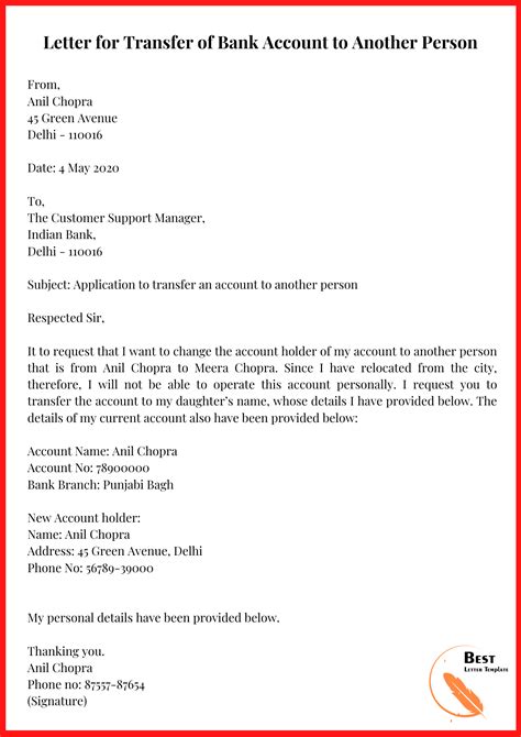 Bank Account Transfer Letter Template Sample and Examples