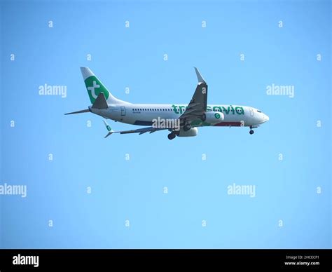 Transavia airplane with green logo flying at blue sky Stock Photo - Alamy