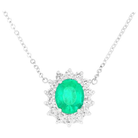 1.02 Carat Oval Cut Emerald and 0.47 Carat White Diamond Necklace 14K ...