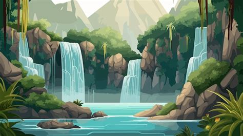 Premium Vector | Tropical oasis with lush greenery and a cascading waterfall with lagoon cartoon ...