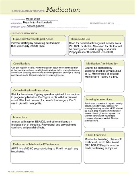 ATI - Heparin - MEDICATION ATI TEMPLATE - ACTIVE LEARNING TEMPLATES Medication STUDENT NAME ...