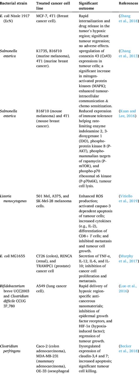 Various bacteria used for cancer therapy and their significant outcome... | Download Scientific ...