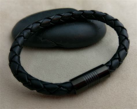 Men's All Black Leather Bracelet Stainless Steel Magnetic Clasp Mans Bracelet Women's Bracelet ...