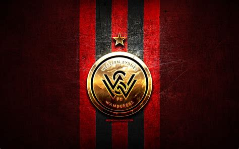 WS Wanderers FC, golden logo, A-League, red metal background, football, Western Sydney Wanderers ...