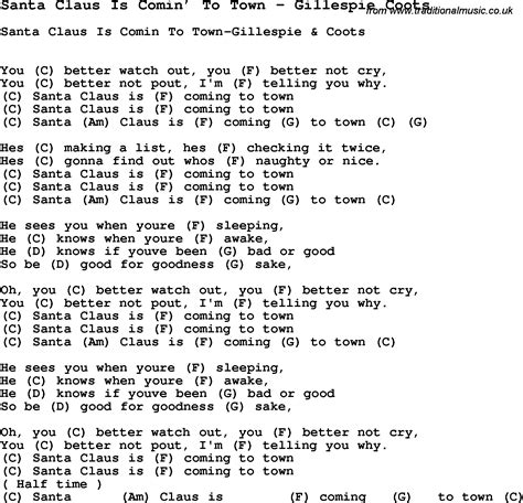 Song Santa Claus Is Comin’ To Town by Gillespie Coots, song lyric for ...