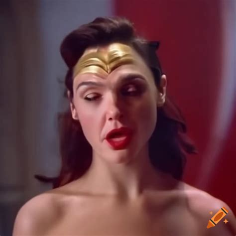 Gal gadot in 80s martial arts scene with dizzy spinning head and beat-up bruised expression on ...