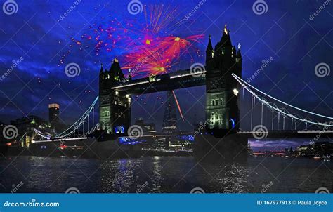 Tower Bridge with Exploding Fireworks Celebrating the New Year/ Stock Image - Image of coloured ...