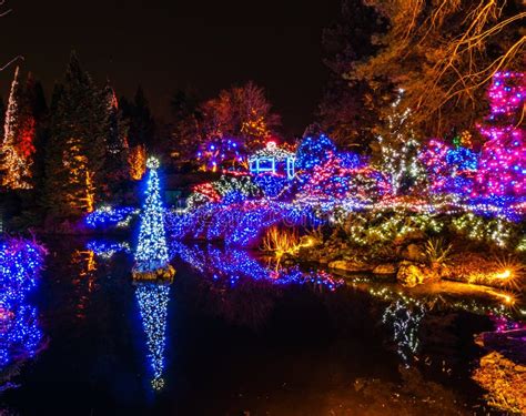 VANCOUVER, CANADA - December 30, 2018: VanDusen Botanical Garden with Garland Lights at Winter ...