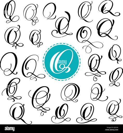 Set letter Q. Hand drawn vector flourish calligraphy. Script font Stock ...