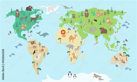 Animals world map for kids. Educational poster or game, for children ...