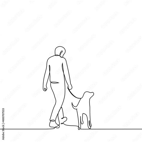 man walking his dog on leash - one line drawing vector. dog sitter ...