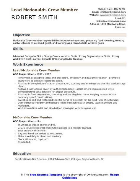 Mcdonalds Crew Member Resume Samples | QwikResume