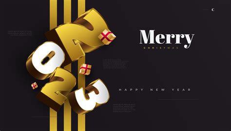 Happy New Year 2023 Banner with 3D White and Gold Numbers Isolated on Black Background. 2023 New ...