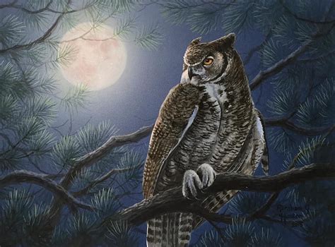 Owl, night, abraham hunter, art, bird, painting, moon, pictura, bufnita ...