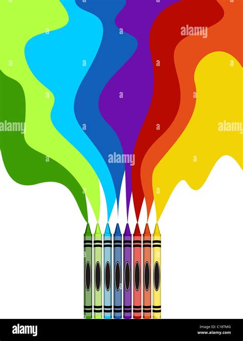 Eight colorful crayons and rainbow drawing isolated on white background ...