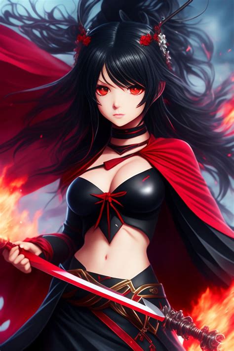 Anime Girl With Black Hair And Red Eyes And Sword