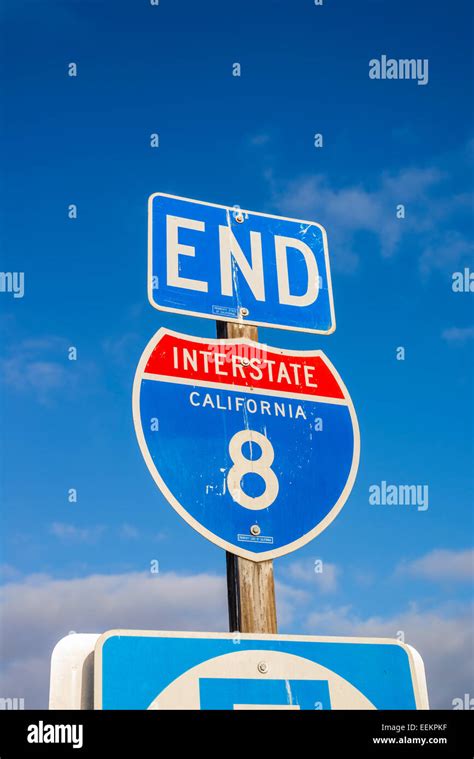 Road sign depicting the end point of Interstate 8 in California heading in the western direction ...