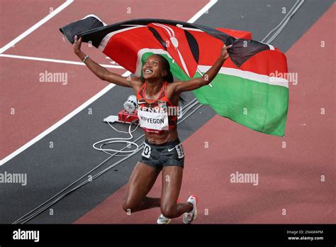 AUG 06, 2021 - Tokyo, Japan: Faith KIPYEGON of Kenya celebrates winning the Gold Medal in the ...