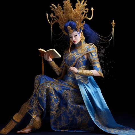 A beautiful warrior queen sitting on a throne of books holding a book ...