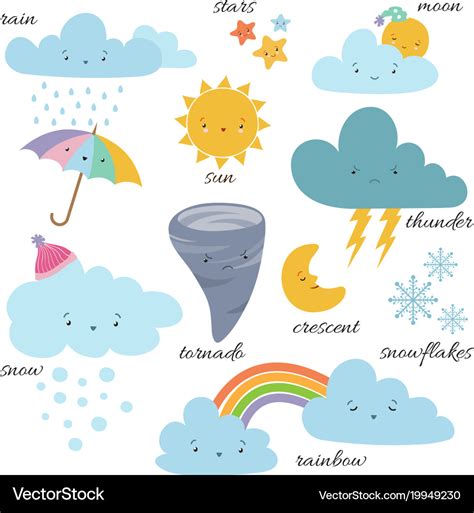 Cute cartoon weather icons forecast meteorology Vector Image