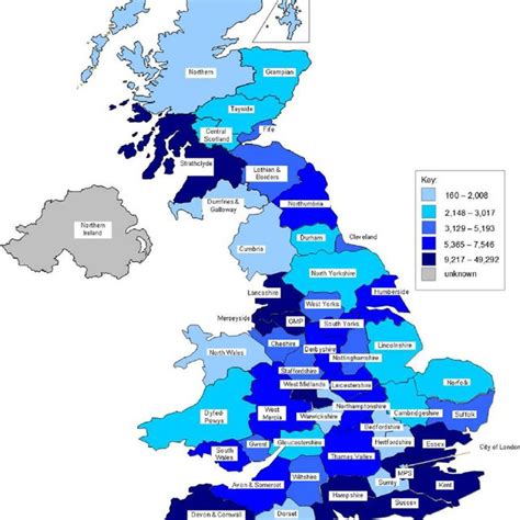 A UK map of missing people reports per police force for 2010–2011 ...