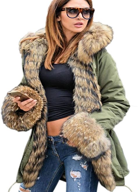 Amazon.com: Aofur Womens Hooded Faux Fur Lined Warm Coats Parkas Anoraks Outwear Winter Long ...